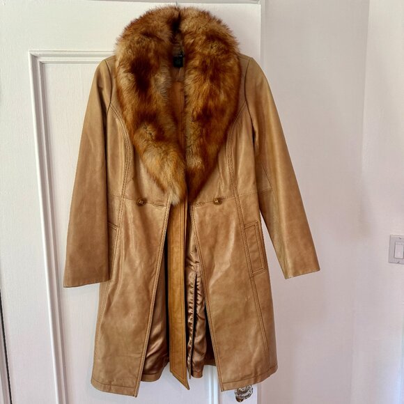 VINTAGE LUXE Arden B Leather Fur Collar Belted Trench - Picture 5 of 12